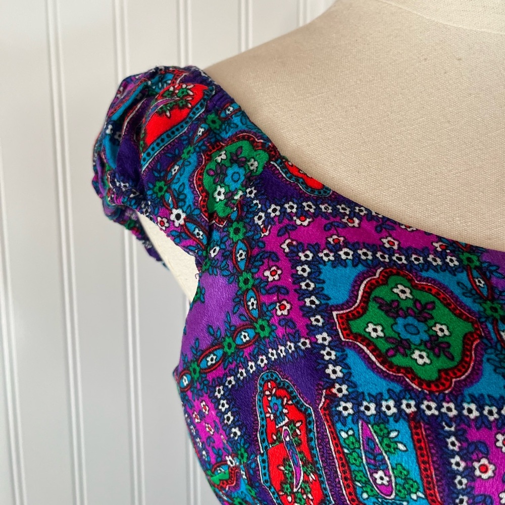 Vintage Hawaiian Purple Psychedelic Floral Patterned Maxi Dress Cap Sleeve Sa-Ne - Picture 10 of 16